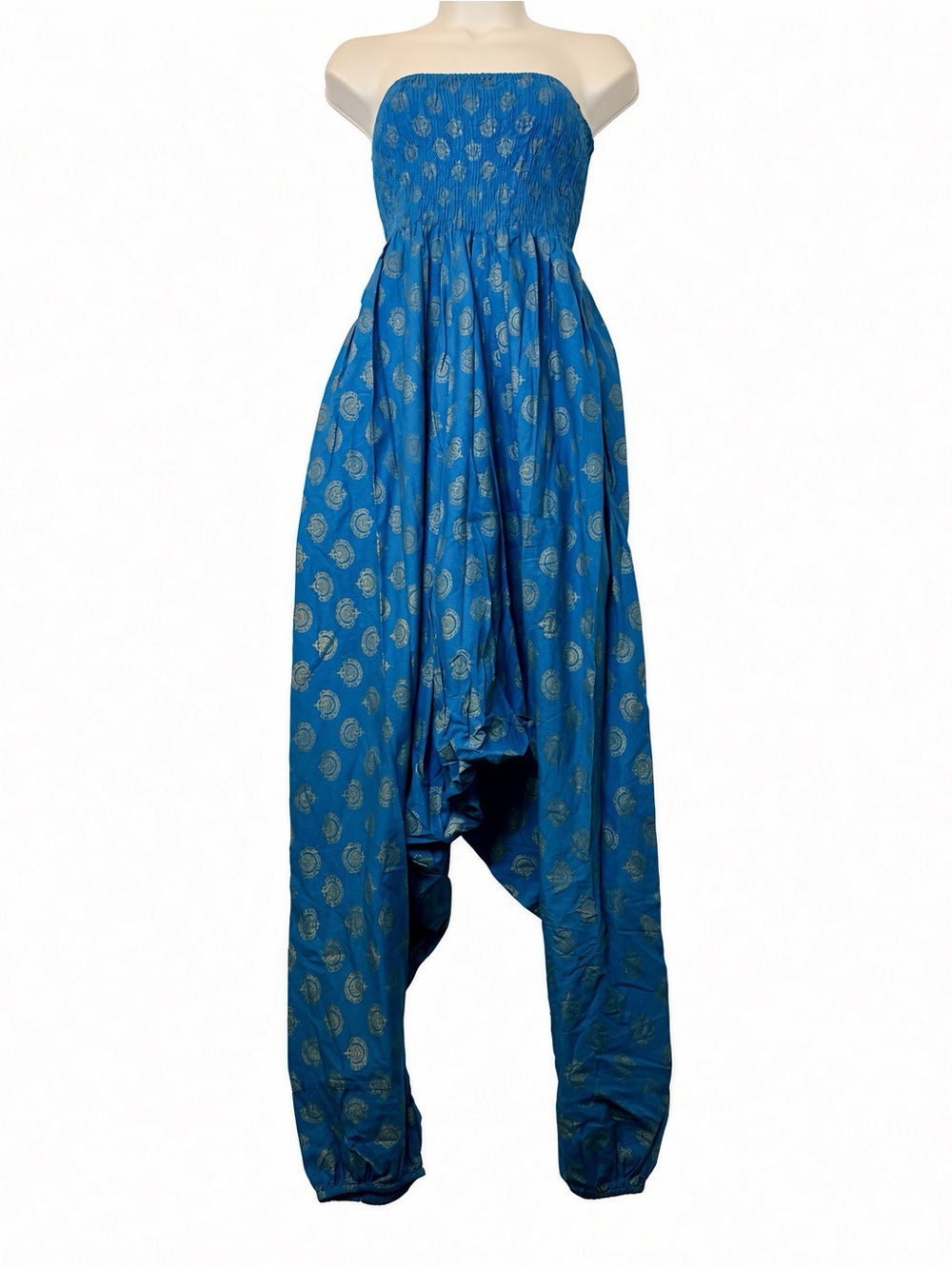 LikeMary Strapless Harem Jumpsuit Romper Teal Gold Print 100% Cotton